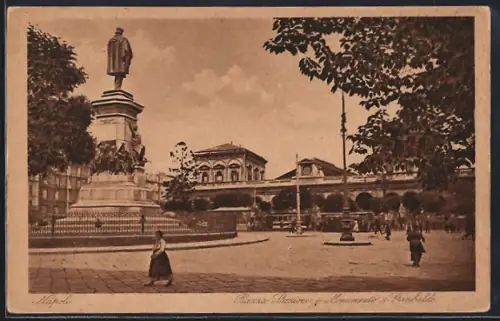 AK Napoli, Piazza Stazione e Monumento a Garibaldi