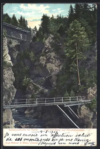AK Tarvis, Schlitzaschlucht mit Graf Carl-Steig und Eisenbahnbrücke