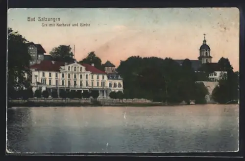 AK Bad Salzungen, See mit Kurhaus und Kirche