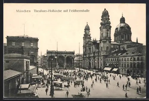 AK München, Theatiner-Hofkirche mit Feldherrnhalle und Strassenbahn