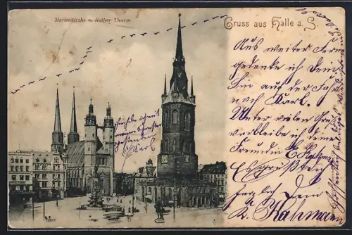 AK Halle a. S., Hotel Garni, Marienkirche und Roter Turm