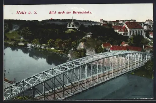 AK Halle a. S., Blick nach dem Gasthaus Bergschänke mit Brücke