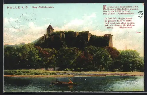 AK Halle / Saale, Burg Giebichenstein, Blick übers Wasser mit Ruderboot