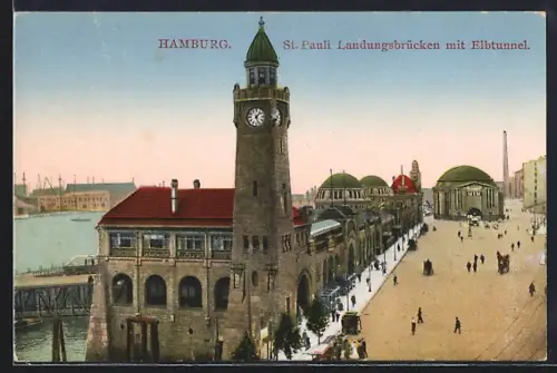 AK Hamburg-St.Pauli, St. Pauli-Landungsbrücken mit Elbtunnel