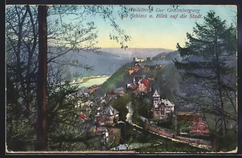 AK Heidelberg, Graimbergweg mit Schloss und Blick auf den Ort