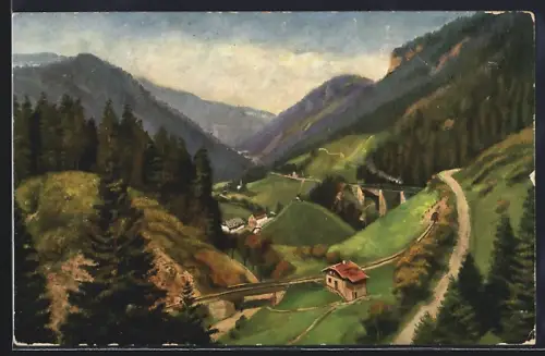 Künstler-AK Höllental / Schwarzwald, Panorama bei der Ravennaschlucht mit Strassenpartie