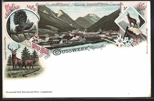 Lithographie Gusswerk b. Mariazell, Ortsansicht, Hirsche und Gämse