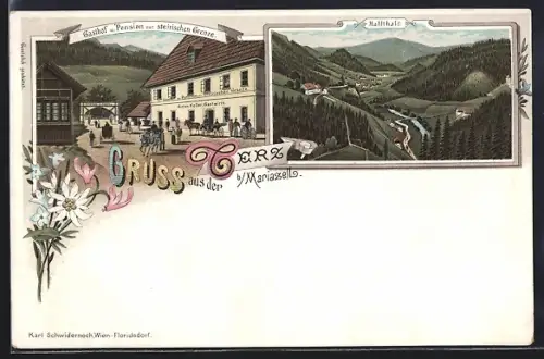 Lithographie Mariazell, Gruss aus der Terz, Gasthof u. Pension zur steirischen Grenze v. Anton Koller, Hallthal