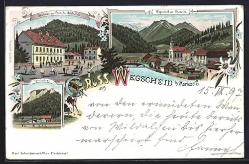 Lithographie Mariazell, Wegscheid mit Graualpe und Spielmäuer