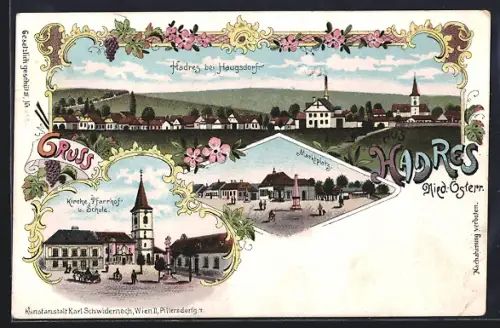 Lithographie Hadres bei Haugsdorf, Teilansicht, Kirche, Pfarrhof und Schule, Marktplatz