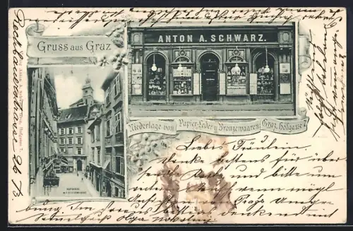 AK Graz, Papier-Leder- und Bronzewarengeschäft von A. Schwarz in der Hofgasse 7