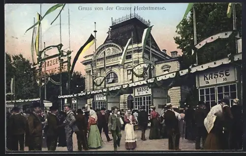 AK Graz, Herbstmesse, Industriehalle, Eingang mit Kassen, Ausstellung