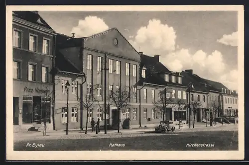 AK Pr. Eylau, Geschäft Franz Neumann, Rathaus, Kirchenstrasse