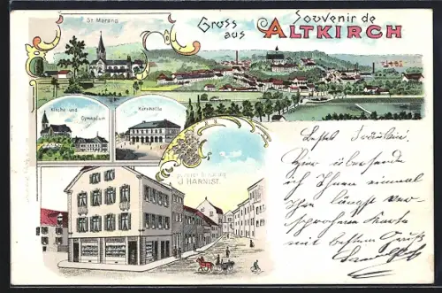 Lithographie Altkirch, Spezerei-Handlung J. Harnist, Kornhalle, Kirche, Gymnasium