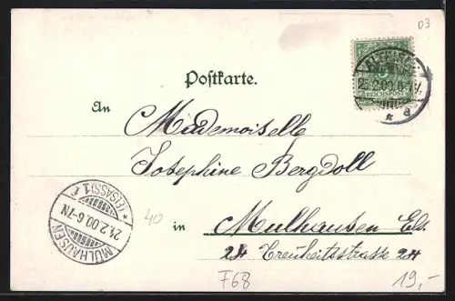 Lithographie Altkirch, Spezerei-Handlung J. Harnist, Kornhalle, Kirche, Gymnasium