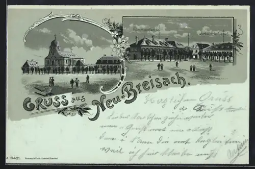 Mondschein-Lithographie Neu-Breisach, Kommandantur, Artillerie-Depot, Kirche