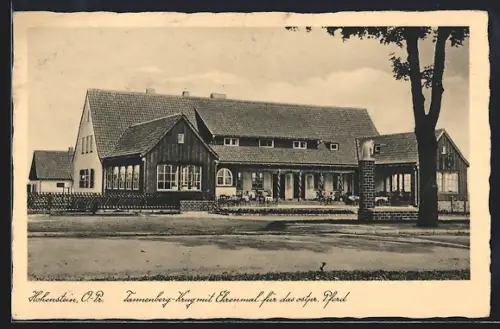AK Hohenstein /O.-Pr., Tannenberg-Krug mit Ehrenmal für das ostpr. Pferd