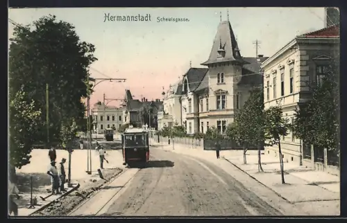 AK Hermannstadt, Schewisgasse, Strassenbahnen