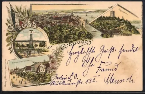 Lithographie Graudenz / Grudziadz, Schlossberg, Marienwerder-Strasse, Courbière-Denkmal