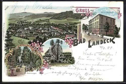 Lithographie Bad Landeck, Hotel Merkur, Waldtempel, Achilles-Felsen, Ortsansicht