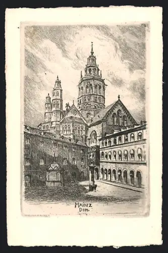 Künstler-AK Mainz, Dom mit Denkmal