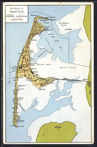 AK Sylt, Landkarte der Insel mit eingetragenem Hindenburgdamm