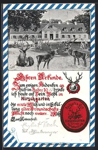 AK München-Nymphenburg, Gasthaus im Hirschgarten, Urkunde