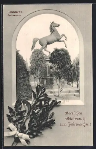 AK Hannover, Sachsenross, Neujahrsgruss, Zweige, Passepartout