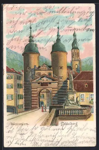 Lithographie Heidelberg / Neckar, Brückentürme