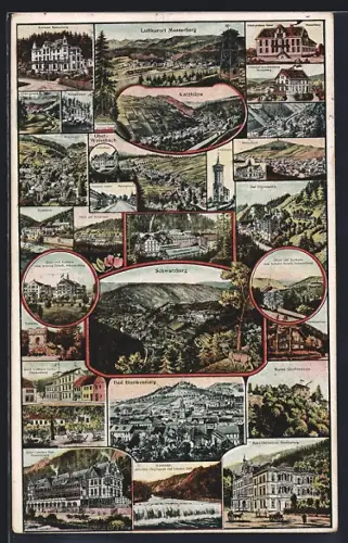 AK Schwarzburg, Gesamtansicht, Ruine Greifenstein, Hotel und Kurhaus zum weissen Hirsch, weitere Ansichten