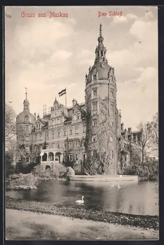 AK Muskau, Schloss mit Schwänen
