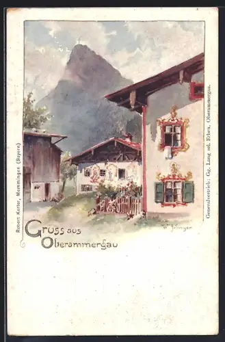 Lithographie Oberammergau, Partie im Ort mit Blick zum Gipfelkreuz