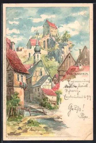 Lithographie Pottenstein, Blick von der Strasse auf die Burg