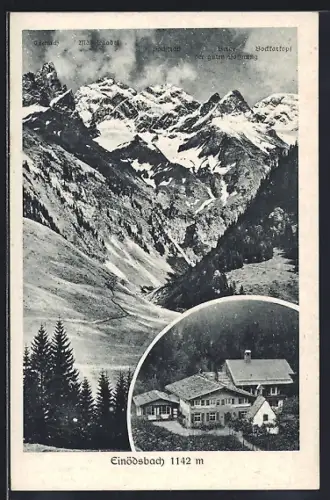 AK Einödsbach, Gasthaus Einödsbach, Panorama mit Mädelegabel, Trettach und Bockkarkopf