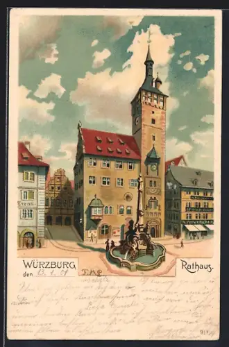Lithographie Würzburg, Ansicht vom Rathaus