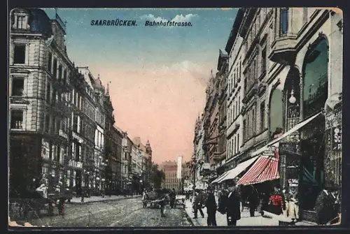 AK Saarbrücken, Bahnhofstrasse mit Geschäften
