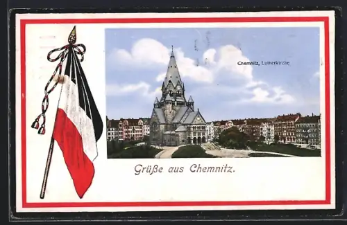 AK Chemnitz, Blick auf die Lutherkirche mit Reichsfahne