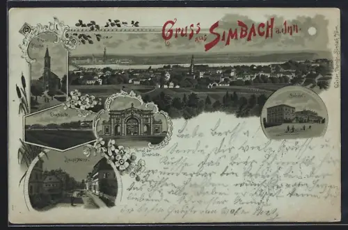 Mondschein-Lithographie Simbach a. Inn, Bahnhof, Haupstrasse, Portal der Innbrücke, Pfarrkirche