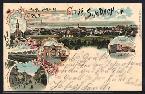 Lithographie Simbach a. Inn, Totalansicht aus der Vogelschau, Pfarrkirche, Hauptstrasse, Bahnhof