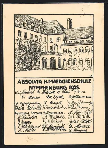 Künstler-AK Nymphenburg, Absolvia H. Maedchenschule 1928 mit Unterschriften