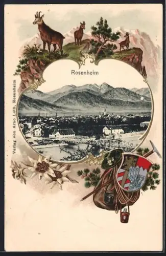 Passepartout-Lithographie Rosenheim / Bayern, Ortsansicht mit Brücke, Wanderrucksack und Wappen