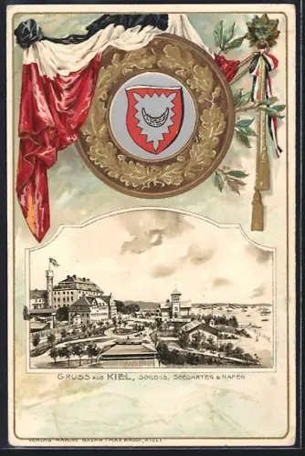 Passepartout-Lithographie Kiel, Schloss, Seegarten und Hafen, Wappen mit Reichsfahne