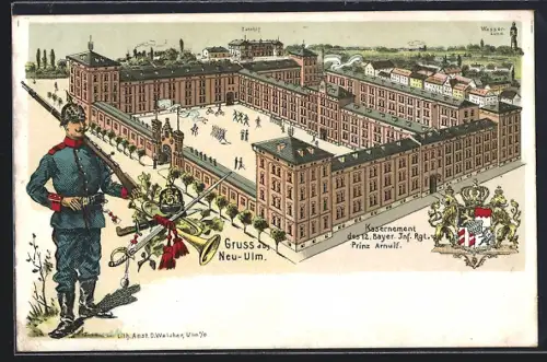 Künstler-AK Neu-Ulm, Kasernement des 12. Bayer. Inf. Rgt. Prinz Arnulf mit Bahnhof und Wasserturm, Soldat mit Gewehr