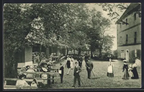 AK Obermedlingen, Gasthof Keller mit Gästen