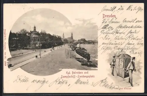 AK Dresden, Kgl. Belvedere und Dampfschiff-Landungsplatz, Männer tragen eine Sänfte