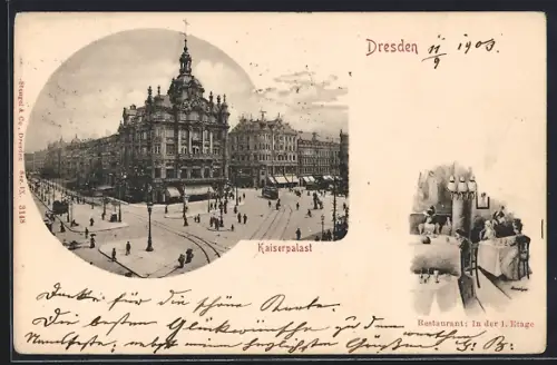 AK Dresden, Kaiserpalast, Gäste im Restaurant in der 1. Etage, Strassenbahn