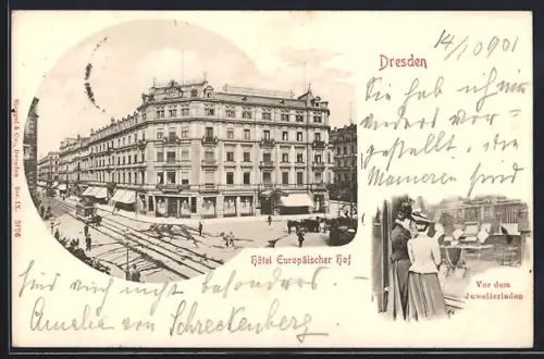 AK Dresden, Hotel Europäischer Hof, Zwei Damen vor dem Juwelierladen