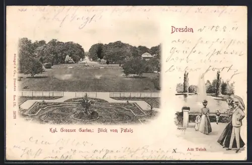 AK Dresden, Königlicher Grosser Garten, Blick vom Palais, Am Teich