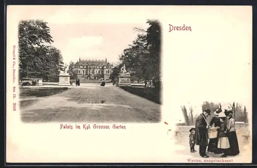 AK Dresden, Palais im Kgl. Grossen Garten, Warme, neugebackene, Verkäufer mit Korb