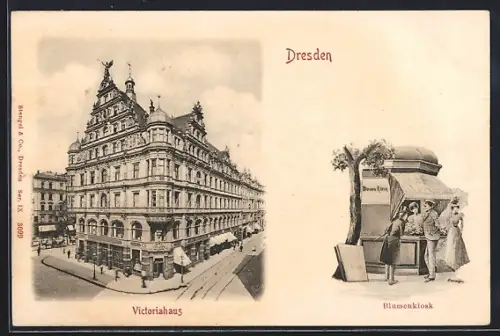AK Dresden, Victoriahaus, Kunden am Blumenkiosk